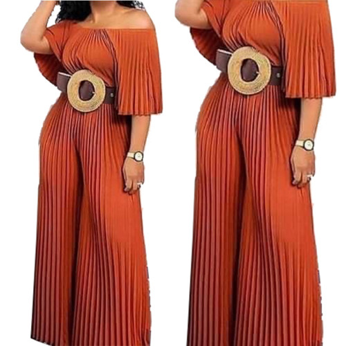 Sexy word neck mid-sleeve wrinkled wide-leg jumpsuit