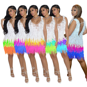 Women's Sexy Perspective Knitted Hand Hook Mesh Fringe Beach Sunscreen Dress