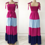 Plus Size Women's Sling Contrast Color Patchwork Tie Waist Dress
