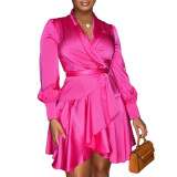 Plus Size Ladies Lace Up Solid Color V-Neck Dress