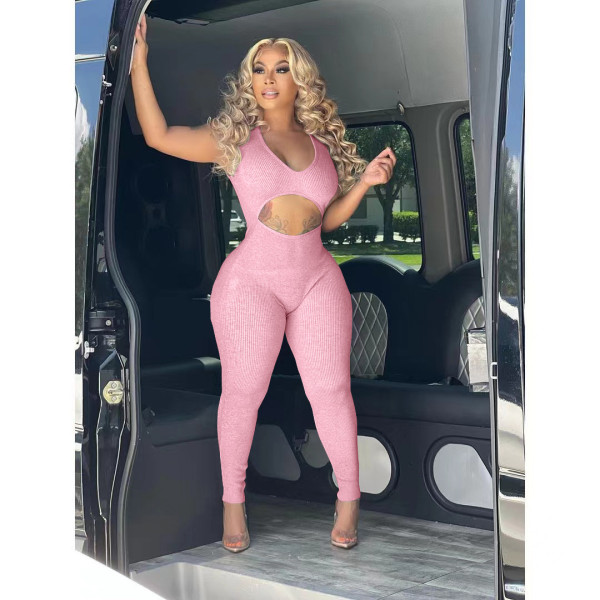 Women's Sexy Solid Color Hollow Deep V Casual Jumpsuit