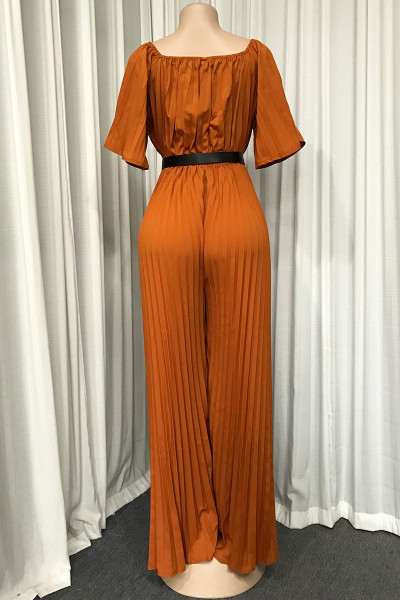 Sexy word neck mid-sleeve wrinkled wide-leg jumpsuit