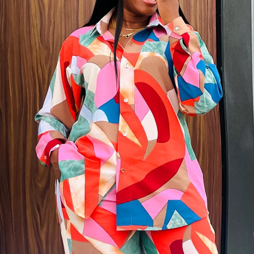 Plus Size Women's Two Piece Printed Loose Shirt Pants Set