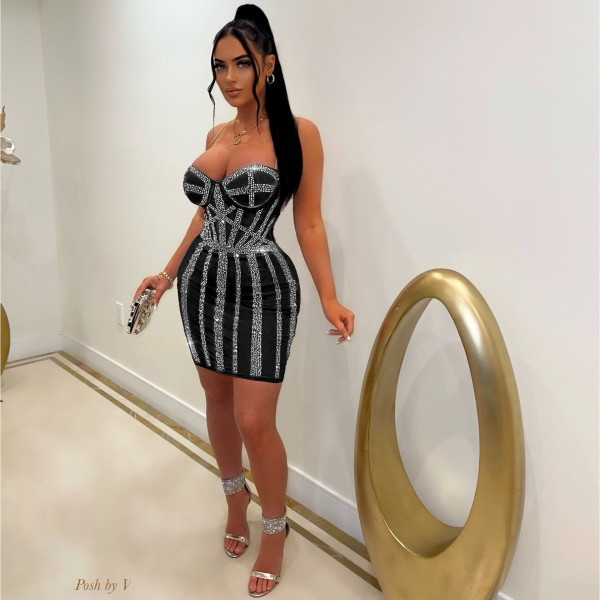 Sling mesh hot drill nightclub perspective sexy dress