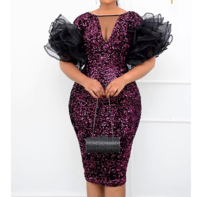 Mesh Ruffle Sleeve Sequin Pack Hip Body Dress