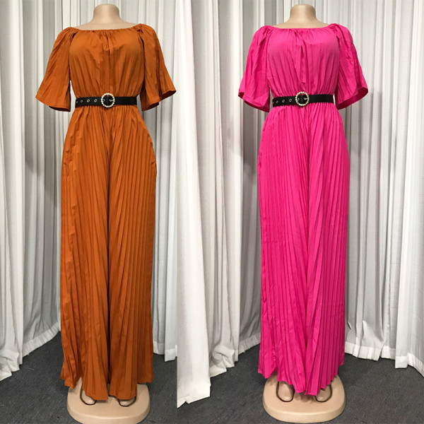 Sexy word neck mid-sleeve wrinkled wide-leg jumpsuit