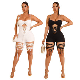 Fashion sexy suspenders straps hollowed out tight slim jumpsuit