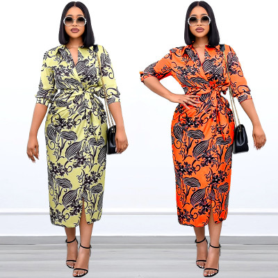 Plus Size Women's Printed Neck Waist Commuter Lapel Dress