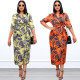 Plus Size Women's Printed Neck Waist Commuter Lapel Dress