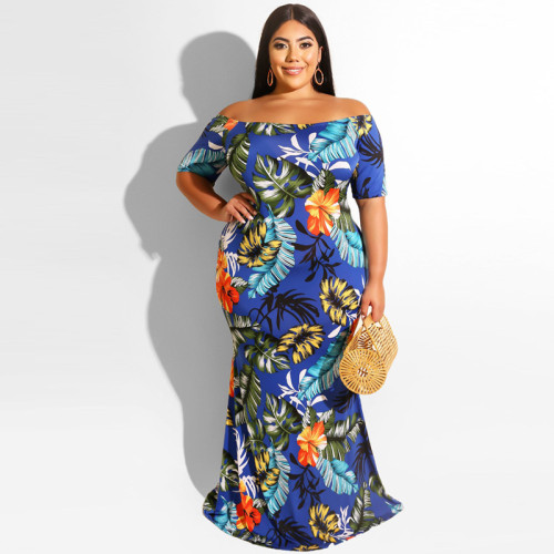 Floral Leaf Print Fashion Skinny Plus Size Dress