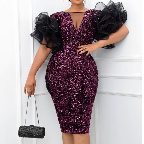 Mesh Ruffle Sleeve Sequin Pack Hip Body Dress