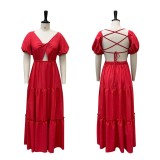 Season Short Sleeve Open Back Sexy V-Neck Party Long Dress