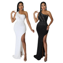 Fashion sexy slanted shoulder waist high slit leak backpack hip hot drill party dress