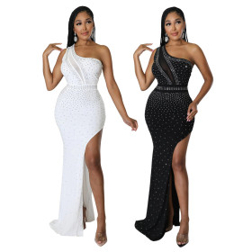Fashion sexy slanted shoulder waist high slit leak backpack hip hot drill party dress