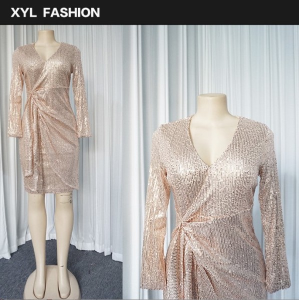 Plus Size Women's Sequin V Neck Dress