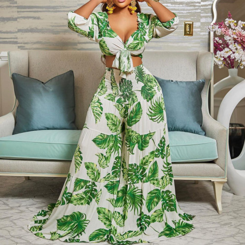 Casual Suit Printed V-Neck Tie Top Wide Leg Pants Two Piece