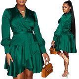 Plus Size Ladies Lace Up Solid Color V-Neck Dress