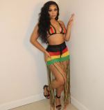 Women's Long Fringe Woven Colorblock Fringe Beach Dress