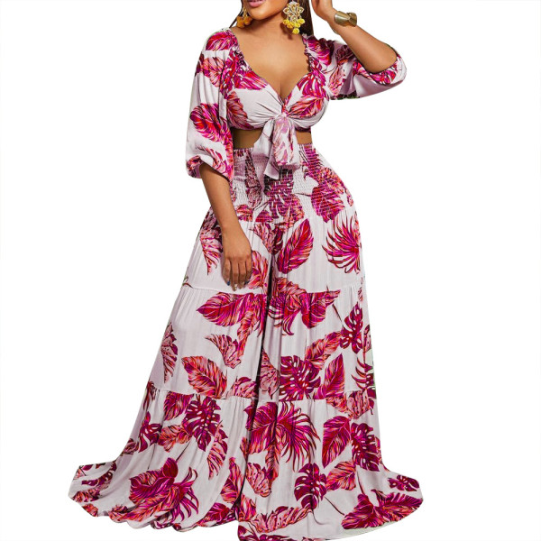 Casual Suit Printed V-Neck Tie Top Wide Leg Pants Two Piece