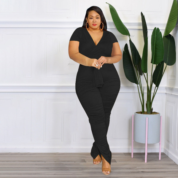 Solid Color V-Neck Belted Fashion Sexy Tight Plus Size Women's Casual Suit
