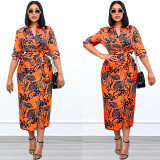 Plus Size Women's Printed Neck Waist Commuter Lapel Dress