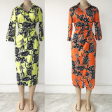 Plus Size Women's Printed Neck Waist Commuter Lapel Dress