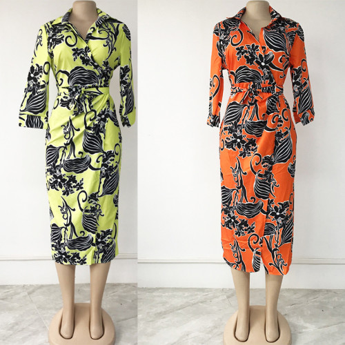 Plus Size Women's Printed Neck Waist Commuter Lapel Dress