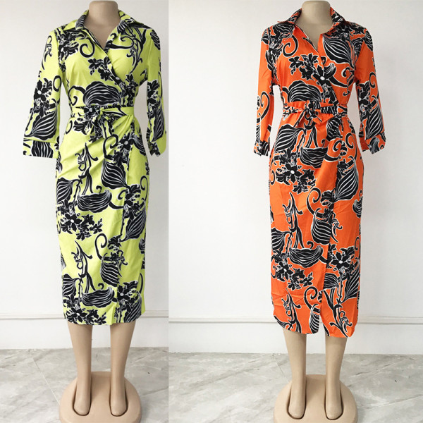 Plus Size Women's Printed Neck Waist Commuter Lapel Dress