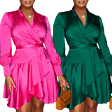 Plus Size Ladies Lace Up Solid Color V-Neck Dress