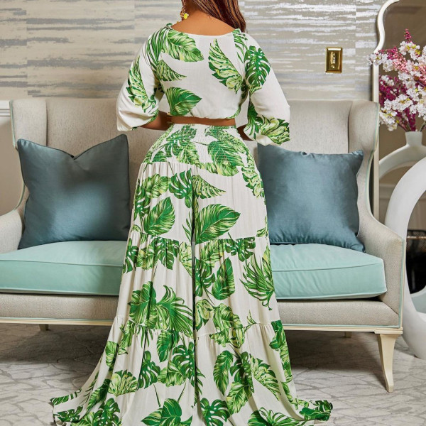 Casual Suit Printed V-Neck Tie Top Wide Leg Pants Two Piece