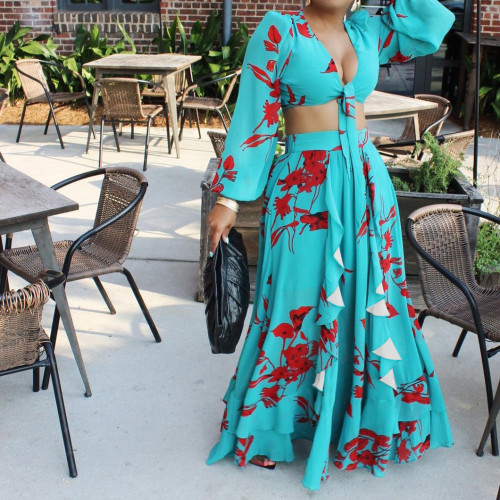 Fashion Sexy Print Lace-Up Top Skirt Two Piece Set