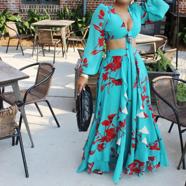 Fashion Sexy Print Lace-Up Top Skirt Two Piece Set