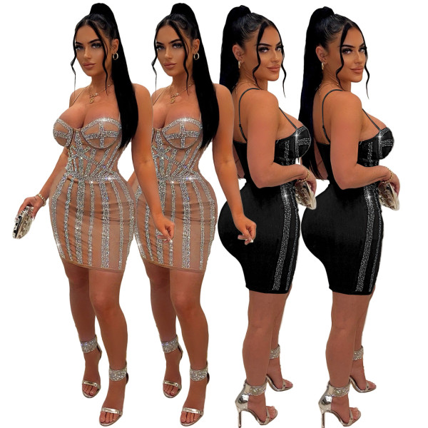 Sling mesh hot drill nightclub perspective sexy dress