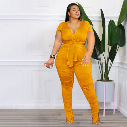 Solid Color V-Neck Belted Fashion Sexy Tight Plus Size Women's Casual Suit