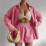 Fashion Single Breasted Shirt Long Sleeve Solid Color Casual Two Piece Set