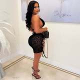 Fashion Short Tank Top Skirt Hollow Hand Hook Belt Fishnet Woven Suit Skirt