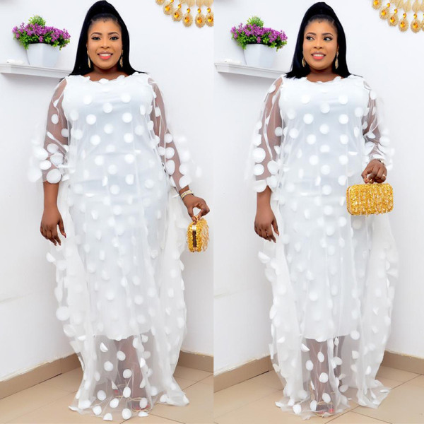 Fashion Casual Plus Size Round Neck Flower Doll Sleeve Robe Dress