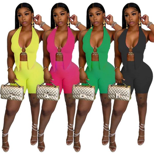 Fashion Metal Decoration Solid Color Two Piece Set