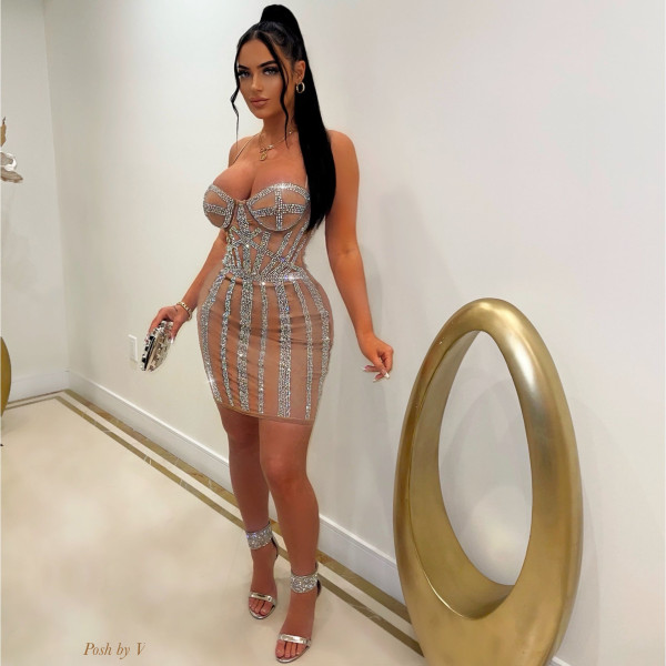 Sling mesh hot drill nightclub perspective sexy dress