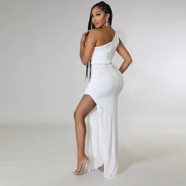 Fashion sexy slanted shoulder waist high slit leak backpack hip hot drill party dress