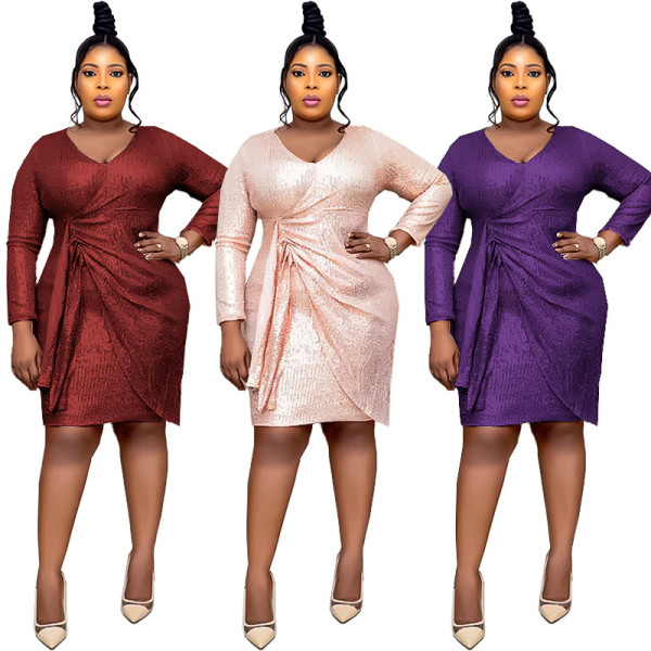 Plus Size Women's Sequin V Neck Dress