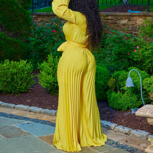 V-neck sexy lace-up pleated wide-leg jumpsuit