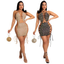 Fashion sexy leaking back straps bag hip nightclub trendy hot diamond dress