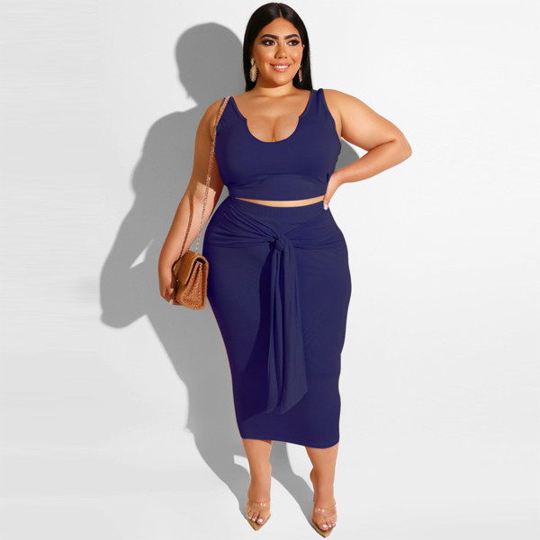 Plus Size Women's Plain Color Fashion Deep V Two Piece Set