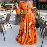 Fashion Sexy Print Lace-Up Top Skirt Two Piece Set