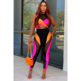 Perspective Women's Contrast Color Patchwork Mesh Sleeveless Pants Suit Sexy Casual Sportswear