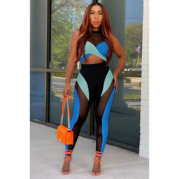 Perspective Women's Contrast Color Patchwork Mesh Sleeveless Pants Suit Sexy Casual Sportswear