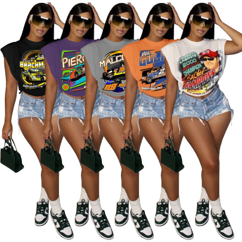 Cool Racing Print Sleeveless Side Cutout T-Shirt Top