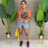 Cool Racing Print Sleeveless Side Cutout T-Shirt Top