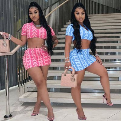 Women's Skinny Print Bright Sexy Short Sleeve Skirt Two Piece